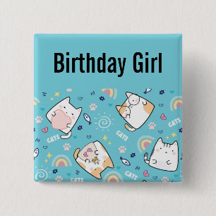 Badge Carré 5 Cm Birthday Girl Cute Kitty Chat Motif Whimsical