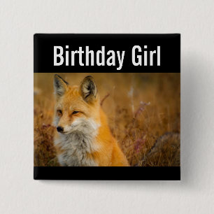 Badge Carré 5 Cm Birthday Girl Cute Red Fox Nature Photographie