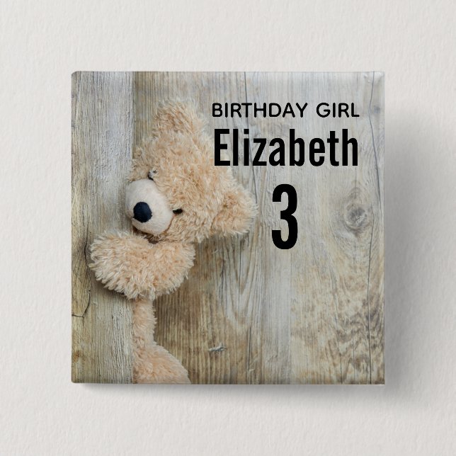 Badge Carré 5 Cm Birthday Girl Cute Stuffé Ours Photo (Devant)