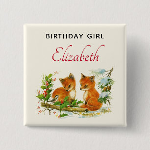 Badge Carré 5 Cm Birthday Girl mignonne Foxes Vintages scène d'hive