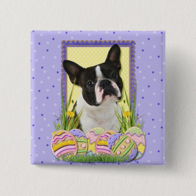 Badge Carré 5 Cm Biscuits d'oeuf de pâques - Boston Terrier (Devant)