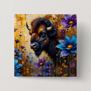 Badge Carré 5 Cm Bison américain dans un portrait de fleur texturée