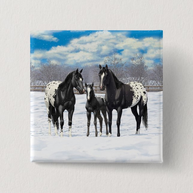 Badge Carré 5 Cm Black Appaloosa Horses In Snow (Devant)