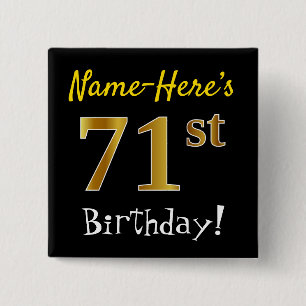 Badge Carré 5 Cm Black, Faux Gold 71st Birthday, With Custom Name
