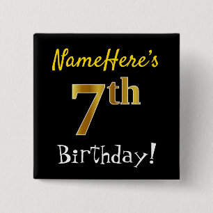 Badge Carré 5 Cm Black, Faux Gold 7th Birthday, With Custom Name