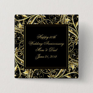 Badge Carré 5 Cm Black Gold Flourish 50e anniversaire Mariage