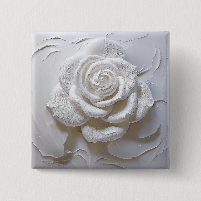 Badge Carré 5 Cm Blanc sur Blanc - Rose Sculptée (Devant)