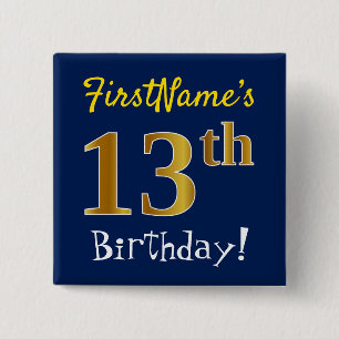 Badge Carré 5 Cm Bleu, anniversaire d'or de Faux 13ème, avec le no