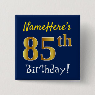 Badge Carré 5 Cm Bleu, anniversaire d'or de Faux 85th, avec le nom