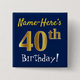 Badge Carré 5 Cm Bleu, anniversaire d'or de Faux quarantième, avec