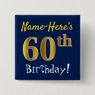Badge Carré 5 Cm Bleu, anniversaire d'or de Faux soixantième, avec