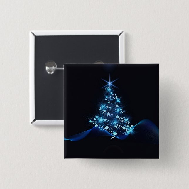 Badge Carré 5 Cm Bleu brillant des étoiles sur l'arbre de Noël fonc (Devant & derrière)