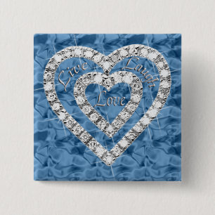 Badge Carré 5 Cm Bleu Carré Live Rire Amour Diamond Heart Button