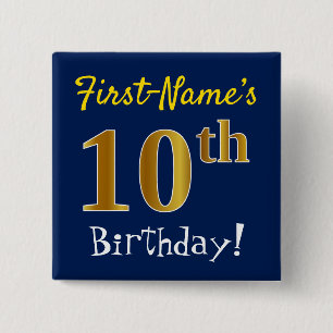 Badge Carré 5 Cm Bleu, Faux Or 10ème Anniversaire, Avec Nom Personn