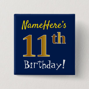 Badge Carré 5 Cm Bleu, Faux Or 11ème Anniversaire, Avec Nom Personn