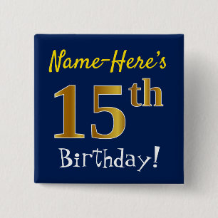 Badge Carré 5 Cm Bleu, Faux Or 15ème Anniversaire, Avec Nom Personn