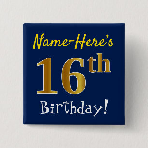 Badge Carré 5 Cm Bleu, Faux Or 16ème Anniversaire, Avec Nom Personn