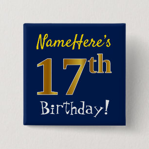 Badge Carré 5 Cm Bleu, Faux Or 17ème Anniversaire, Avec Nom Personn