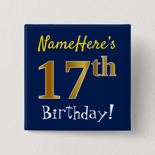 Badge Carré 5 Cm Bleu, Faux Or 17ème Anniversaire, Avec Nom Personn (Devant)