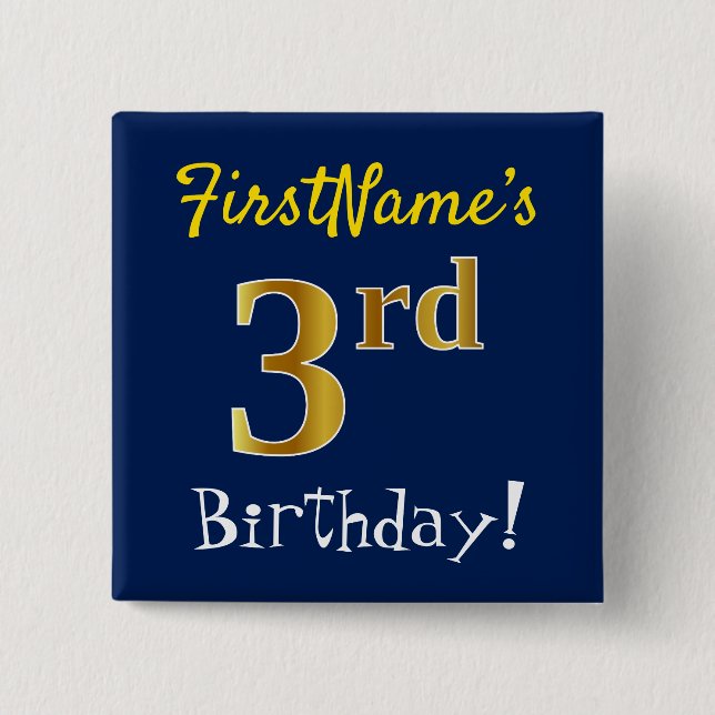 Badge Carré 5 Cm Bleu, Faux Or 3ème anniversaire, avec nom personna (Devant)