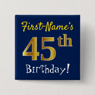 Badge Carré 5 Cm Bleu, Faux Or 45ème Anniversaire, Avec Nom Personn