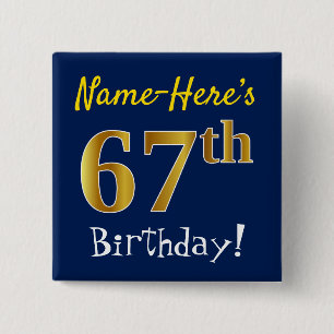 Badge Carré 5 Cm Bleu, Faux Or 67ème Anniversaire, Avec Nom Personn