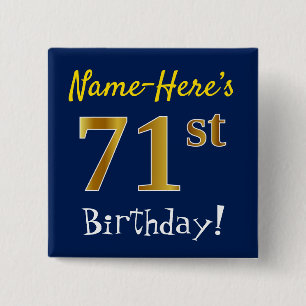 Badge Carré 5 Cm Bleu, Faux Or 71ème Anniversaire, Avec Nom Personn