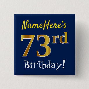 Badge Carré 5 Cm Bleu, Faux Or 73ème Anniversaire, Avec Nom Personn