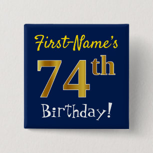 Badge Carré 5 Cm Bleu, Faux Or 74ème Anniversaire, Avec Nom Personn