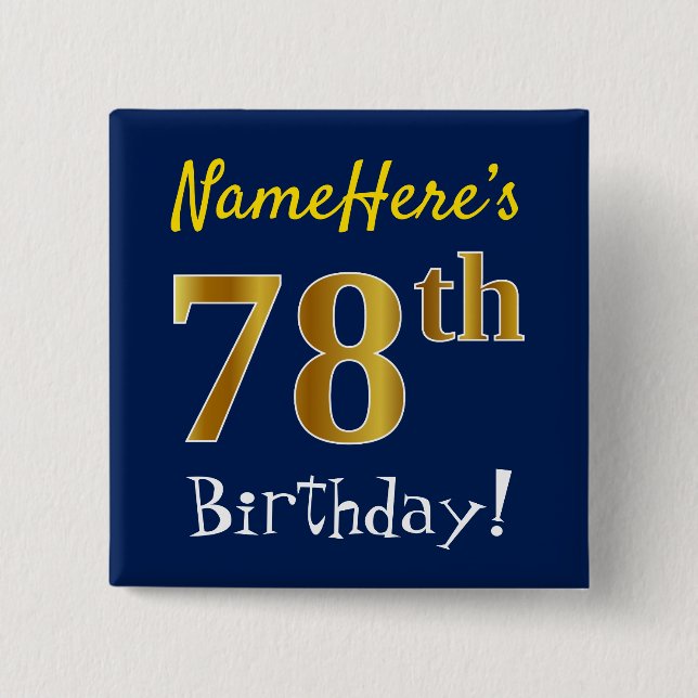 Badge Carré 5 Cm Bleu, Faux Or 78ème Anniversaire, Avec Nom Personn (Devant)