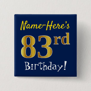 Badge Carré 5 Cm Bleu, Faux Or 83ème Anniversaire, Avec Nom Personn