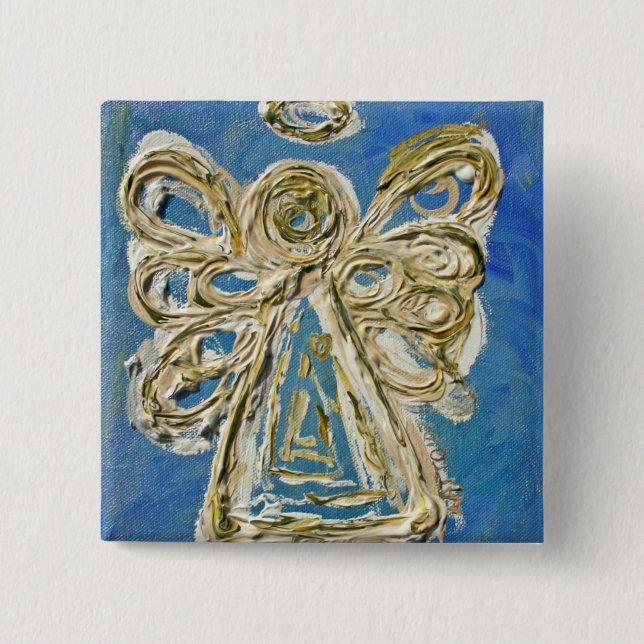 Badge Carré 5 Cm Bleu Gardien Angel Fête Personnalisée Bouton Pin (Devant)