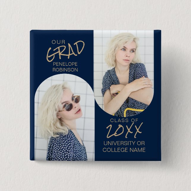 Badge Carré 5 Cm Bleu Marine 2 Arché Photo Graduation (Devant)