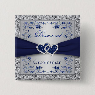 Badge Carré 5 Cm Bleu marine, Groomsman floral argenté épousant l