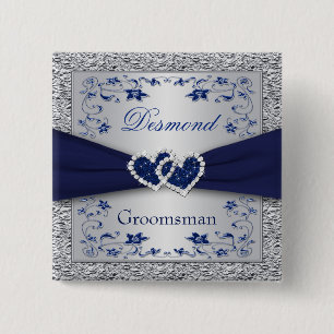 Badge Carré 5 Cm Bleu marine, Groomsman floral argenté épousant le