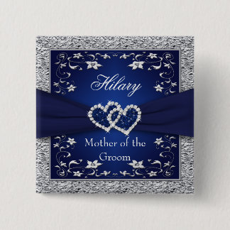 Badge Carré 5 Cm Bleu marine, mère florale argentée du Pin de marié