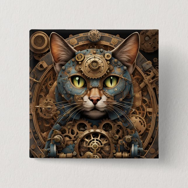 Badge Carré 5 Cm bleu steampunk chat AI bouton art (Devant)