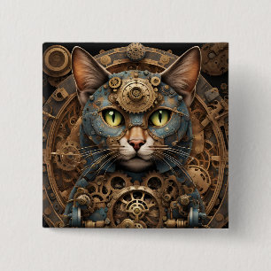 Badge Carré 5 Cm bleu steampunk chat AI bouton art