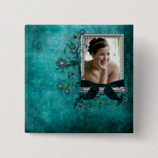 Badge Carré 5 Cm Bleu turquoise avec le modèle photo de fleurs