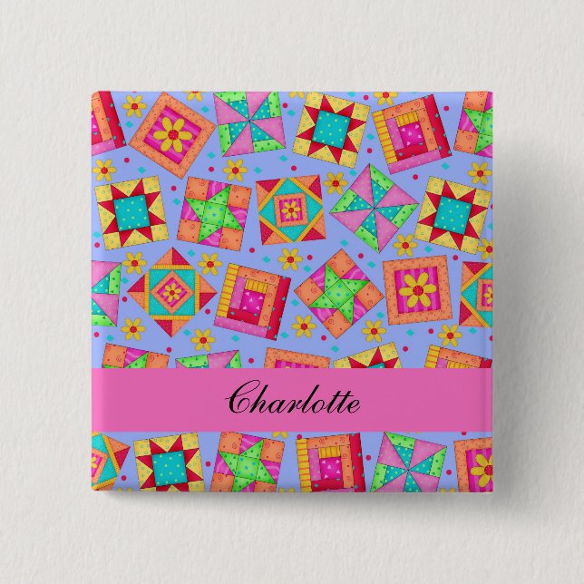 Badge Carré 5 Cm Blocs de surface en laiton rose Patchwork Nom Badg (Devant)