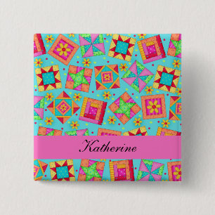 Badge Carré 5 Cm Blocs de surface en Patchwork bleu turquoise Nom B