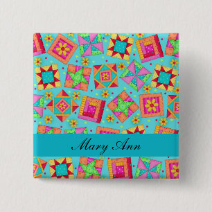 Badge Carré 5 Cm Blocs de surface en Patchwork bleu turquoise Nom B
