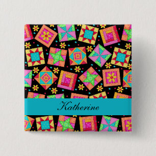 Badge Carré 5 Cm Blocs de surface en Patchwork Turquoise Noir Nom B