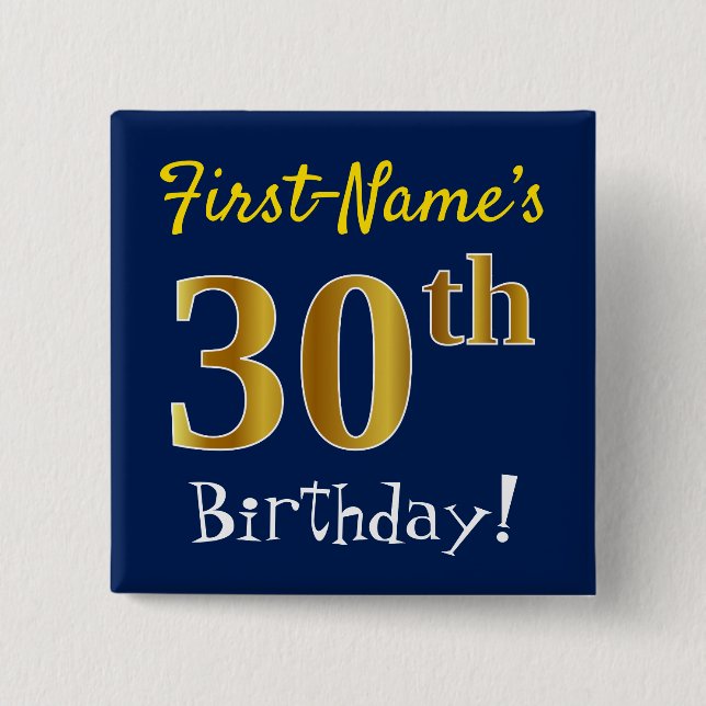 Badge Carré 5 Cm Blue, Faux Gold 30e anniversaire, avec nom personn (Devant)