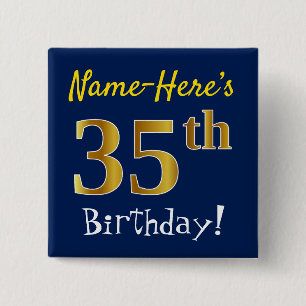 Badge Carré 5 Cm Blue, Faux Gold 35e anniversaire, avec nom personn