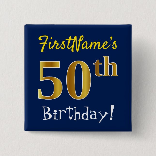 Badge Carré 5 Cm Blue, Faux Gold 50e anniversaire, avec nom personn (Devant)