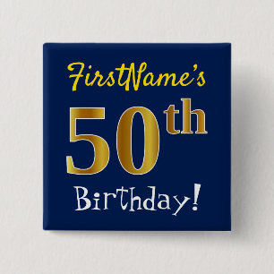 Badge Carré 5 Cm Blue, Faux Gold 50e anniversaire, avec nom personn