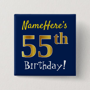 Badge Carré 5 Cm Blue, Faux Gold 55e anniversaire, avec nom personn