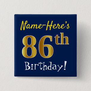 Badge Carré 5 Cm Blue, Faux Gold 86e anniversaire, avec nom personn