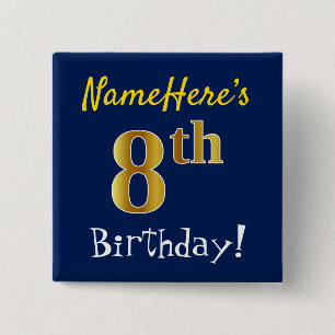 Badge Carré 5 Cm Blue, Faux Gold 8e anniversaire, avec nom personna